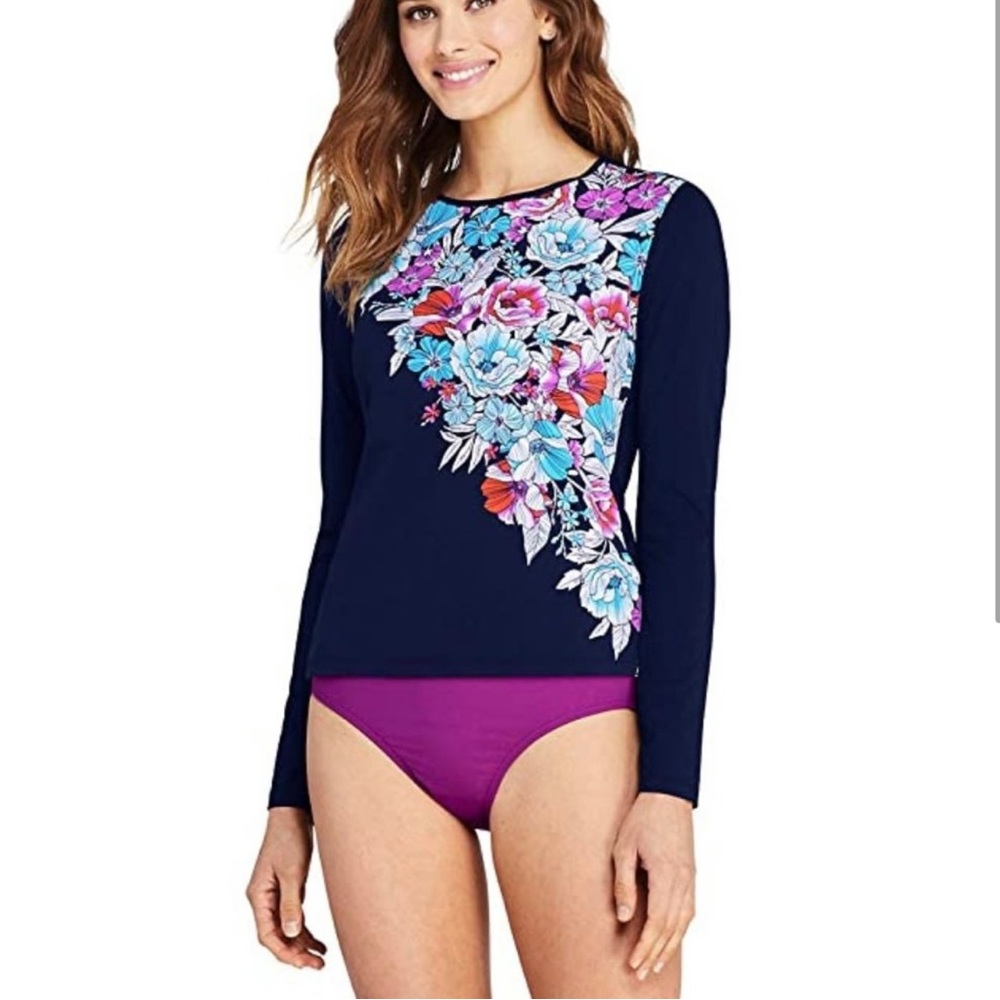 New LANDS’ END Rash Guard Shirt Deep Sea Blossom Floral Crew Neck Ling Sleeve